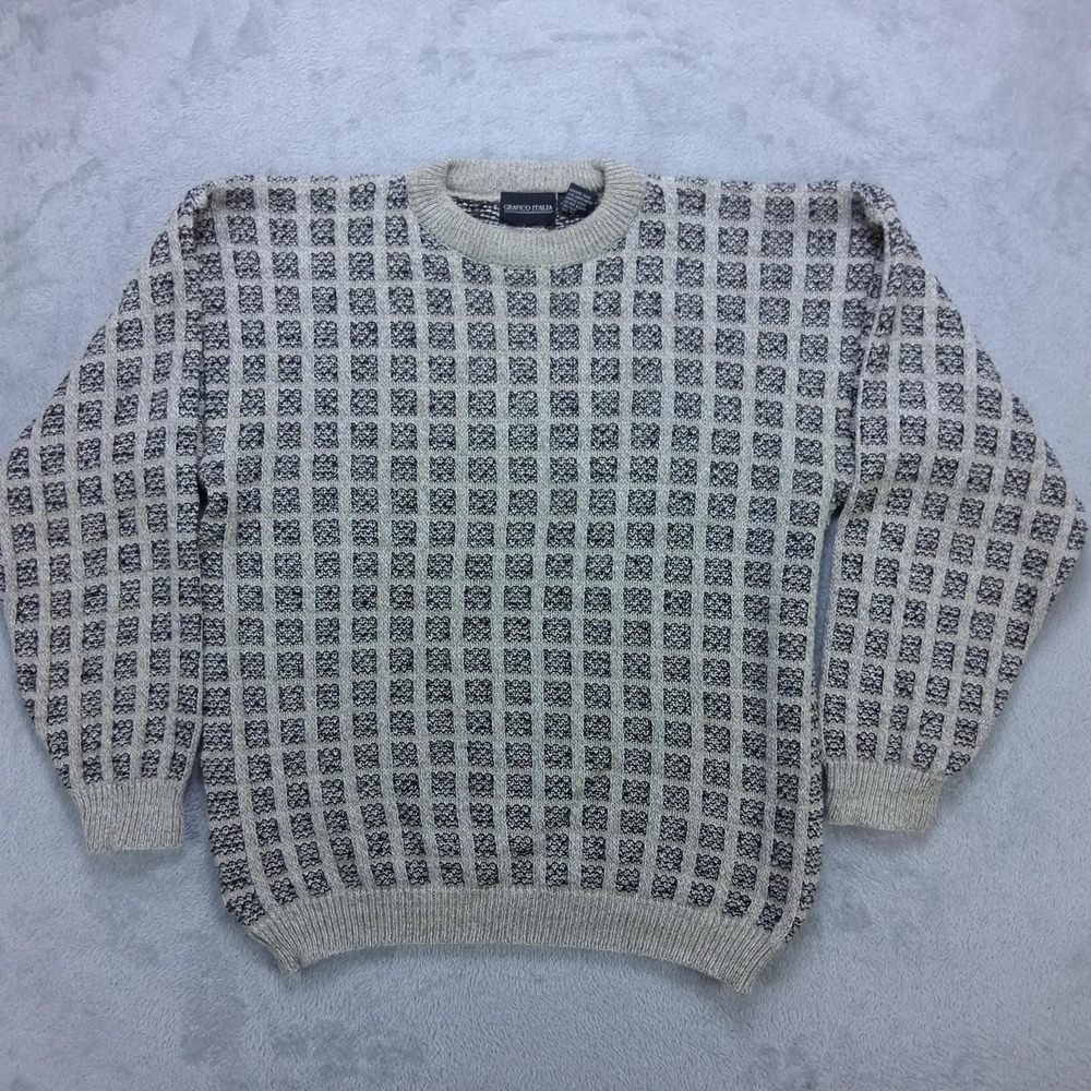 Grafico Italia Mens Vintage Beige Wool Blend Geometric Knit Sweater Medium Italy